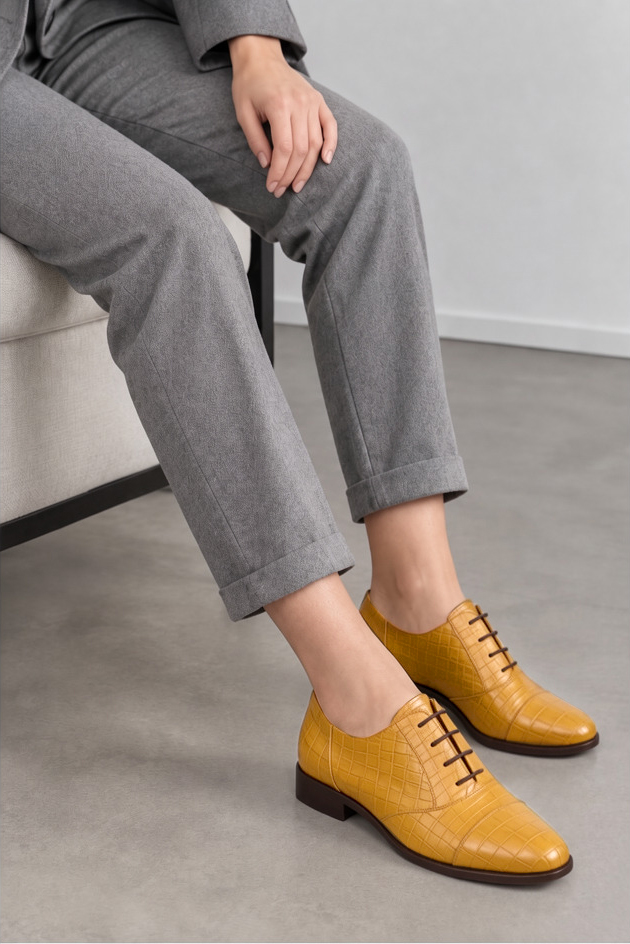 Women's mustard yellow classic oxfords and derby shoes with round toe and chunky rubber lug sole - Top view